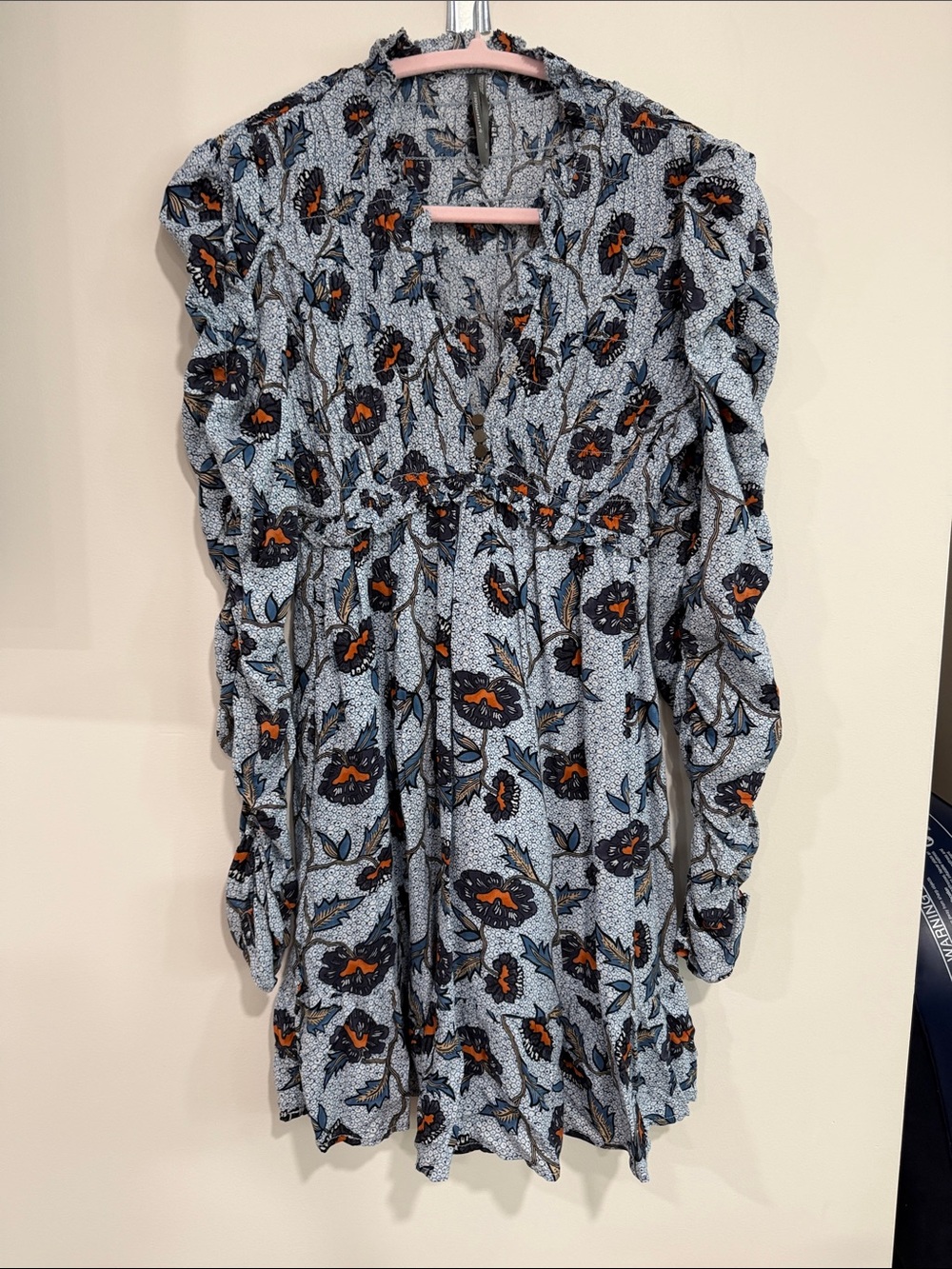 Anthropologie Blue Mini Dress with Navy and Orange Floral